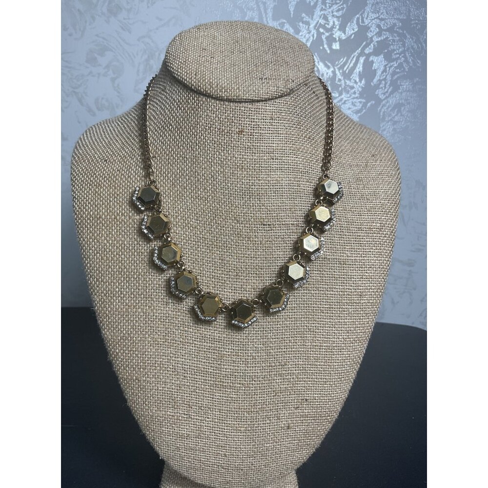 Hexagon Gold Tone Necklace With Rhinestones & Adjustable Chain